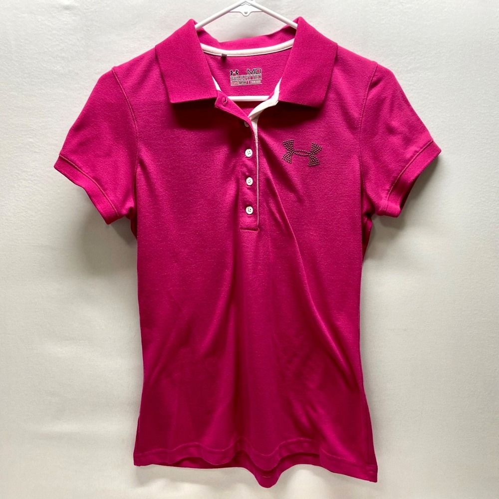 Under Armour Polo Shirt Women's Medium Pink Magenta Semi Fitted Golf Casual EUC